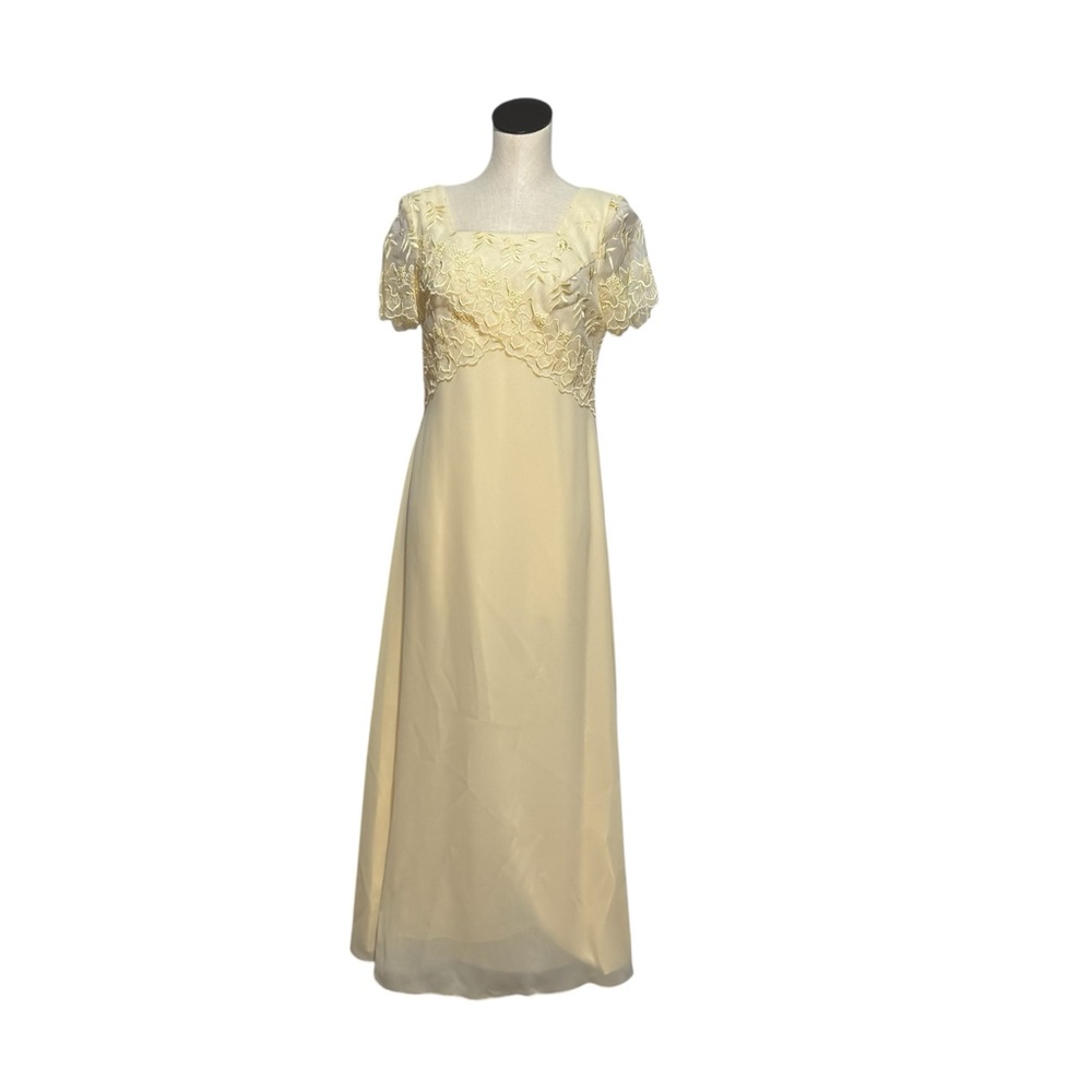 Rhapsody vintage Lace-Embellished Maxi Dress chiffon, pale yellow lined size 8